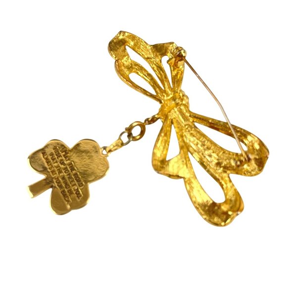Phister Gold-Tone Bow Brooch With Dangling Green Enamel Clover Celtic Cross Char - Picture 8 of 8